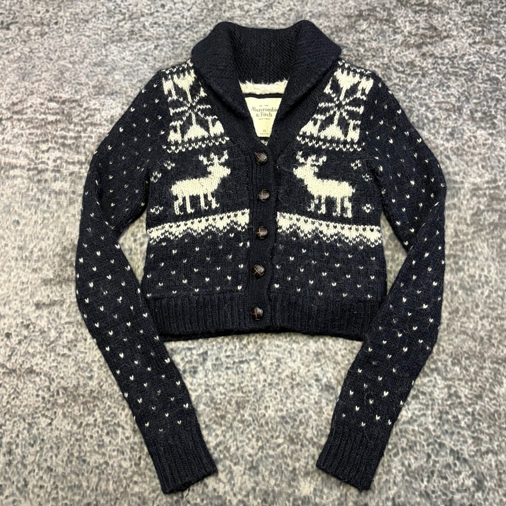 Abercrombie & Fitch Cardigan Button Up Shawl Collar XS Navy Blue Reindeer Nordic